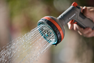 Close-up shot of watering plants with a garden hose and a handheld sprayer in the evening © Tom