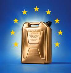 Golden can of gasoline against the background of the flag of the European Union