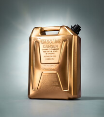 Golden can of gasoline on grey background