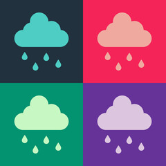 Pop art Cloud with rain icon isolated on color background. Rain cloud precipitation with rain drops. Vector