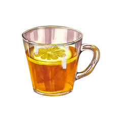 A cup of tea with lemon. Glass transparent cup filled with tea. Watercolor illustration.