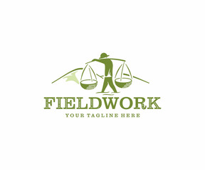 Fieldwork in countryside logo design. Farmer working in paddy field vector design.  Farmer on the rice field, planting rice in the farm logotype
