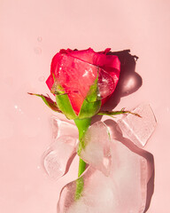 Rose and ice on pastel light pink background. Minimalistic melting flower concept. Creative nature...