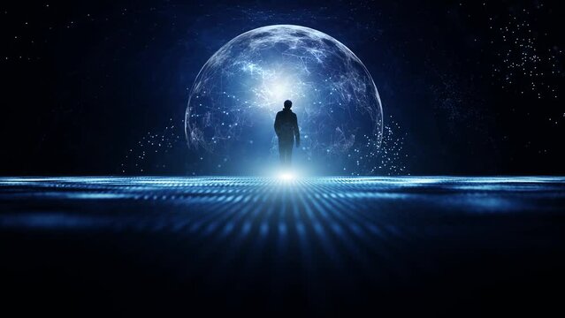 People silhouette on dark digital artificial intelligence technology cyberspace road. 