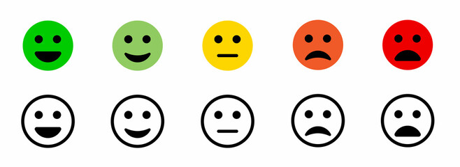 Obraz premium Smile face speech bubble icon set. Emoticons Line Icon Set. Rating satisfaction. Feedback in form of emotions. Black vector isolated emoji collection. Good and Bad Mood. Vector Illustration
