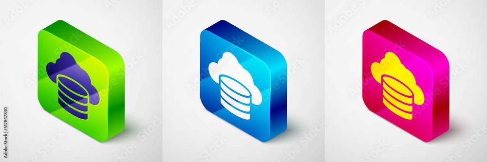 Poster isometric cloud database icon isolated on grey background. cloud computing concept. digital service 