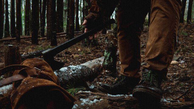Lumberjack cutting logs in the snowy forest