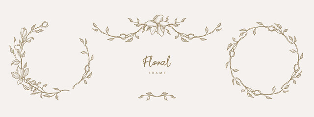 Hand drawn floral frames and divider with flowers and leaves.Elegant logo template.Vector illustration vintage decorative elements for label,branding business identity,wedding invitation,greeting card
