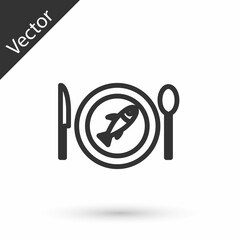 Grey line Served fish on a plate icon isolated on white background. Vector.