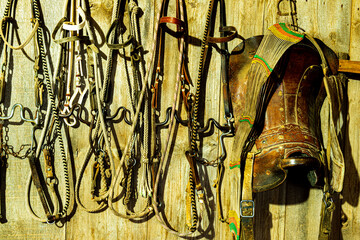 Various accessories for horseback riding, such as stirrups, saddles, whips, barriqueiras and...