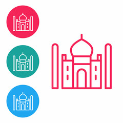 Red line Taj Mahal mausoleum in Agra, Indiaicon isolated on white background. Set icons in circle buttons. Vector