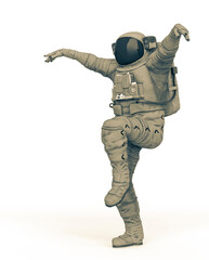 astronaut explorer is doing a karate pose on white background side view