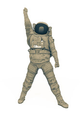 astronaut explorer is doing a power singer pose on white background