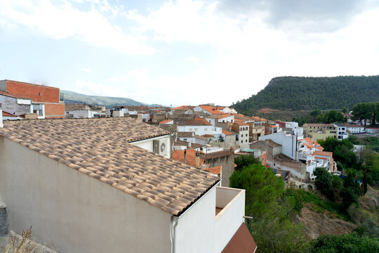 roof tiling of  houses with village scenes in the background