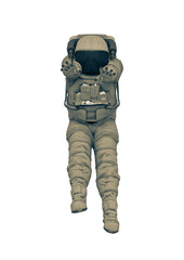 astronaut explorer is floating back very slow on white background