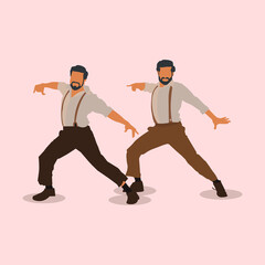 2 men performing Bollywood-style dance as seen in Indian cinema.