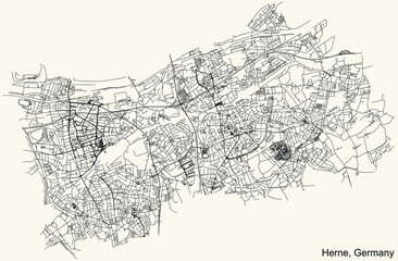 Fototapeta premium Detailed navigation black lines urban street roads map of the German regional city of HERNE, GERMANY on vintage beige background