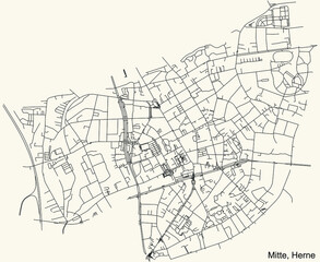 Fototapeta na wymiar Detailed navigation black lines urban street roads map of the HERNE-MITTE DISTRICT of the German regional capital city of Herne, Germany on vintage beige background