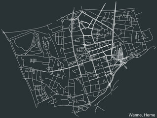Detailed negative navigation white lines urban street roads map of the WANNE DISTRICT of the German regional capital city of Herne, Germany on dark gray background