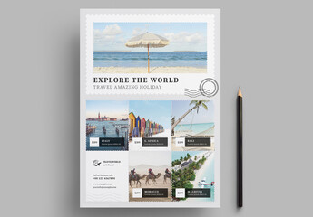 Travel Flyer Layout with Postage Stamps Elements