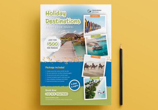 Travel Flyer Layout with Green and Blue Accents