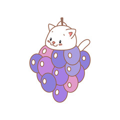 Cat with grape. Kawaii illustration of a little white kitten sitting in a grape isolated on a white background. Vector 10 EPS.
