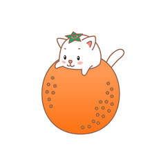 Cat with orange. Kawaii illustration of a little white kitten sitting in an orange isolated on a white background. Vector 10 EPS.