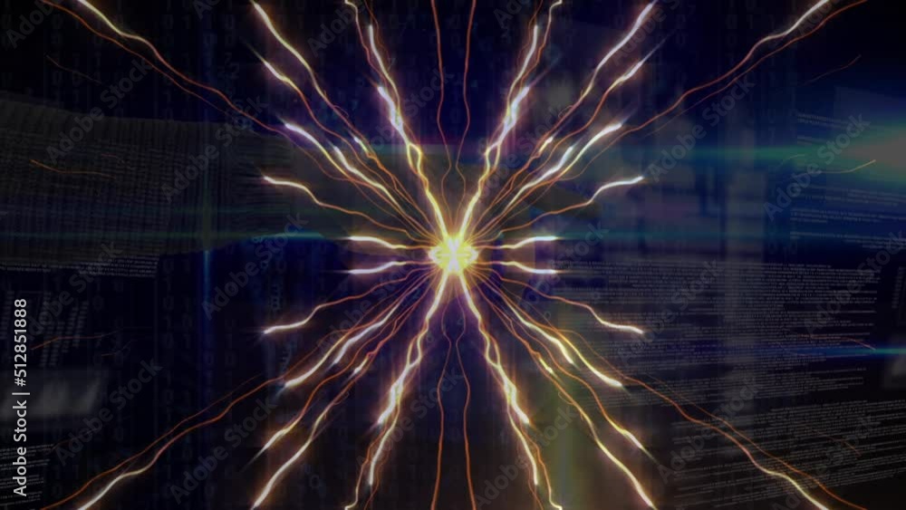 Poster animation of glowing lights over data processing on dark background