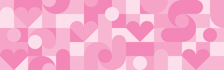 Seamless pink background for Mother's Day card template. Trendy geometric shapes with circles, squares and hearts in retro style for a Valentine's Day or wedding day cover. © Nadzeya Pakhomava