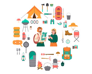 A set of hiking and camping equipment in the apartment. Circle shape. Tourist guy and girl with a map and smartphone. Vector illustration.