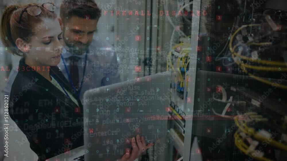 Poster animation of digital data processing over caucasian couple in server room