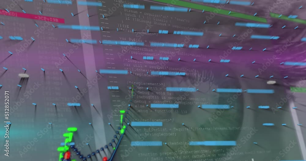 Poster animation of lines and graphs over eye of woman and data processing