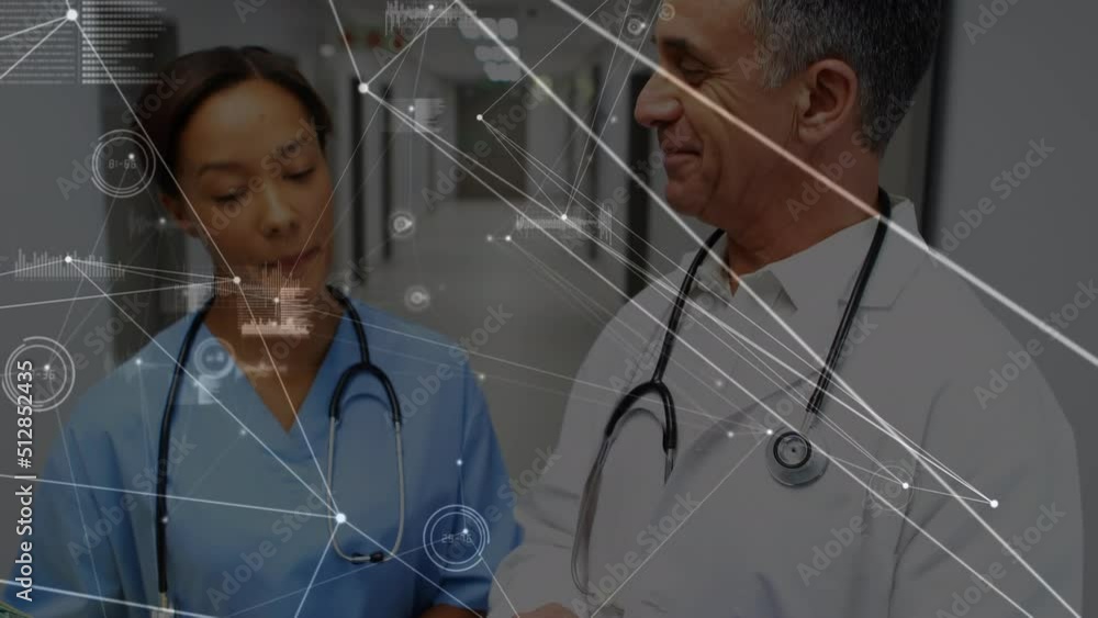 Aufkleber animation of network of connections and data processing over diverse doctors in hospital
