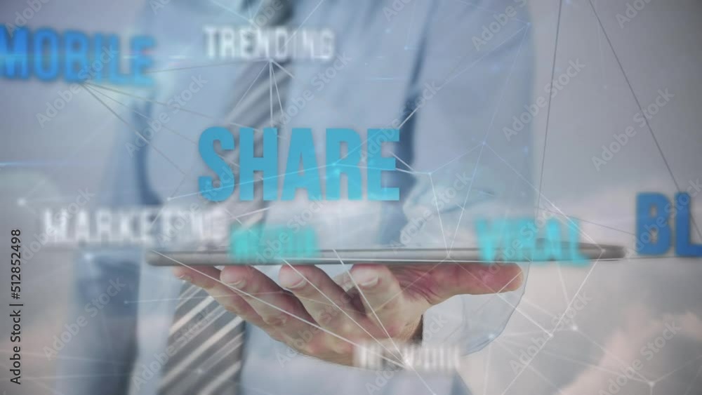 Poster animation of data processing over caucasian businessman using tablet