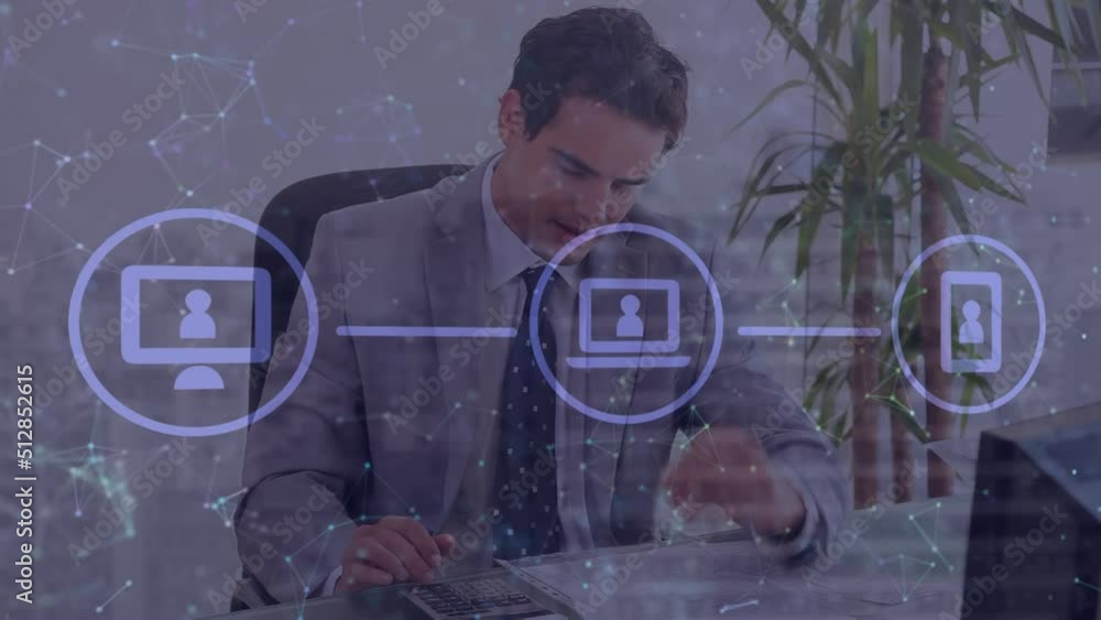 Poster animation of data processing over caucasian businessman using tablet