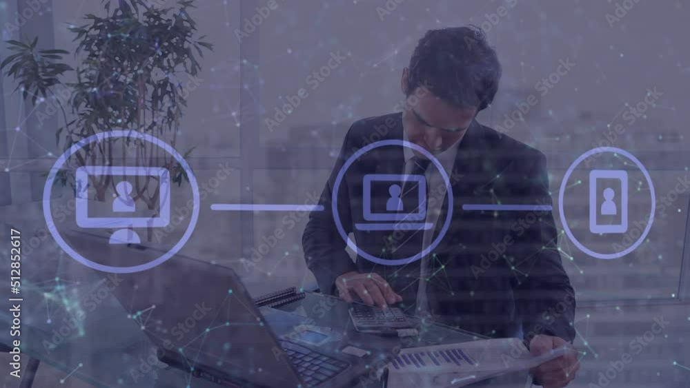 Poster animation of data processing over caucasian businessman using laptop