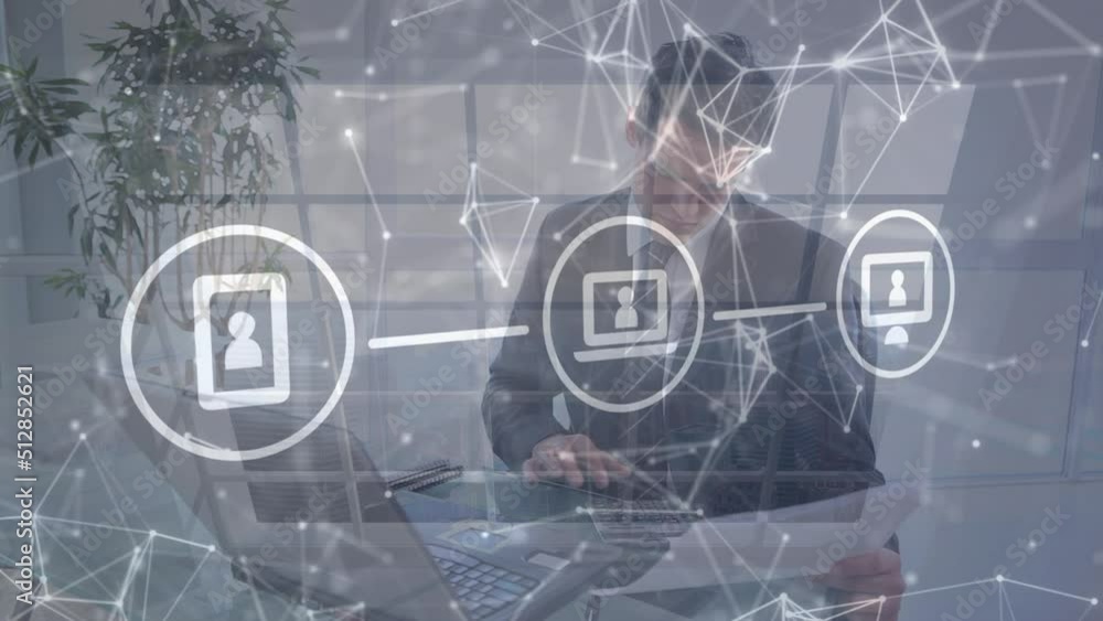 Poster animation of data processing over caucasian businessman using laptop