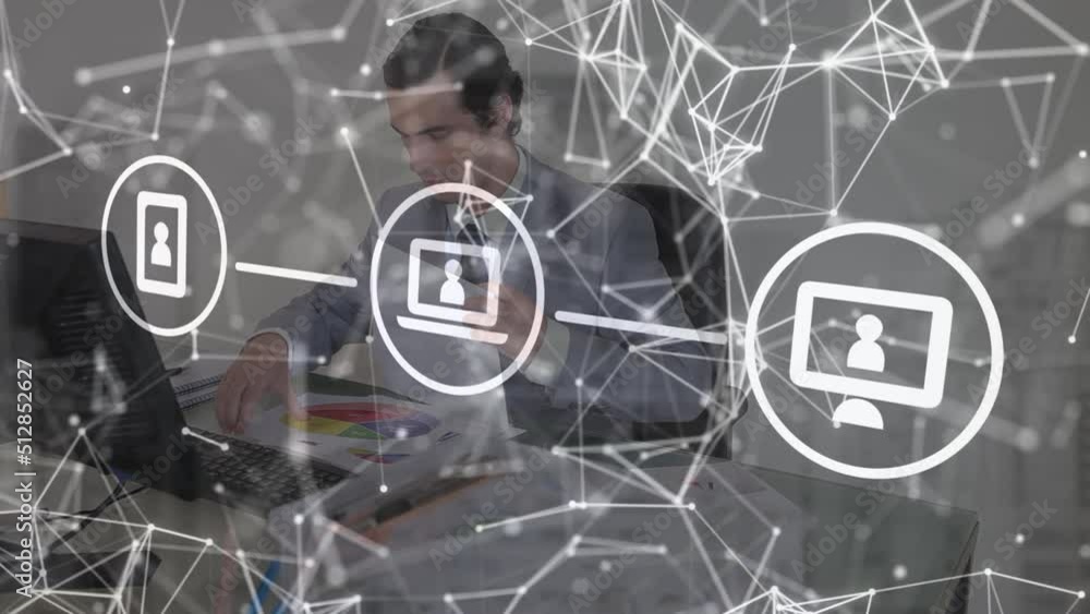Aufkleber animation of data processing over caucasian businessman using computer