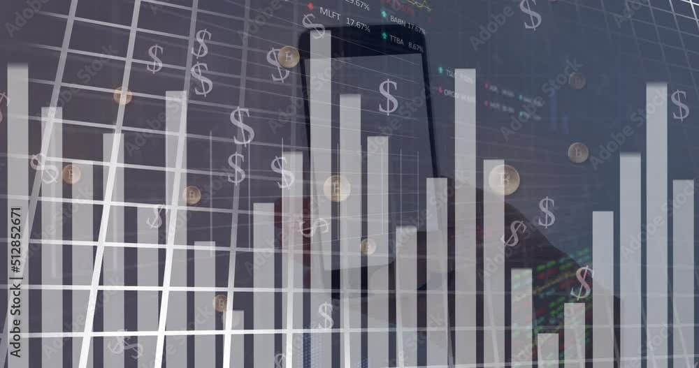 Poster animation of data processing over bitcoin and dollar symbols with hand holding smartphone