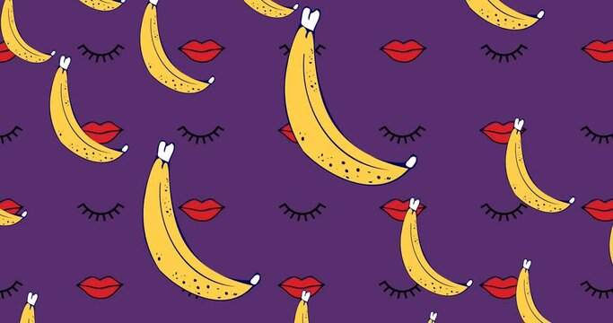 Animation of lips and banana icons over purple background