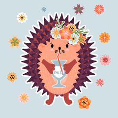 Cartoon hedgehog drinking milk from  glass through straw. Cute animal character is decorated with blooming flowers.Colorful background for printing on fabric and paper.Vector hand drawn illustration .