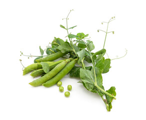 Green pea pods with leaves.