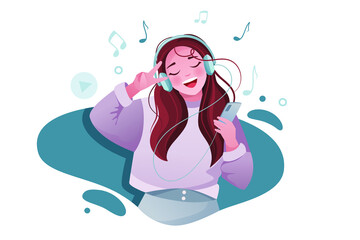 Vector illustration. Happy young woman listening and dancing to music or song with headphone plugged to smartphone or phone. Girl enjoying music.