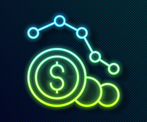 Glowing neon line Dollar rate decrease icon isolated on black background. Cost reduction. Money symbol with down arrow. Business lost crisis decrease. Vector