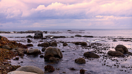 Fototapeta na wymiar Hermoso paisaje de puesta de sol sobre el mar muy relajante con tonos violetas