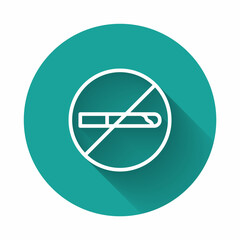 White line No Smoking icon isolated with long shadow background. Cigarette symbol. Green circle button. Vector