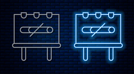 Glowing neon line No smoking icon isolated on brick wall background. Cigarette smoking prohibited sign. Vector