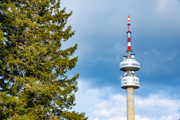 Obraz premium Tower Snezhana on peak of Snezhana covered with spruce forests in Rhodope mountains