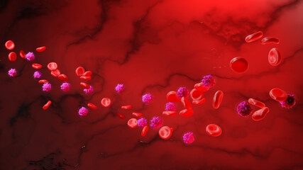 Blood cells and lymphocytes on the background of veins. Human body blood cells, 3d rendering. Concept of medicine, microbiology or leukemia - obrazy, fototapety, plakaty