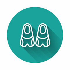 White line Rubber flippers for swimming icon isolated with long shadow background. Diving equipment. Extreme sport. Diving underwater equipment. Green circle button. Vector